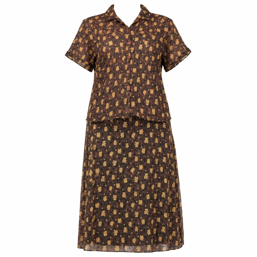 Maggie‎ McNaughton Vintage 90s Brown Leopard Floral 2 Piece Skirt Set Plus 2X 3X